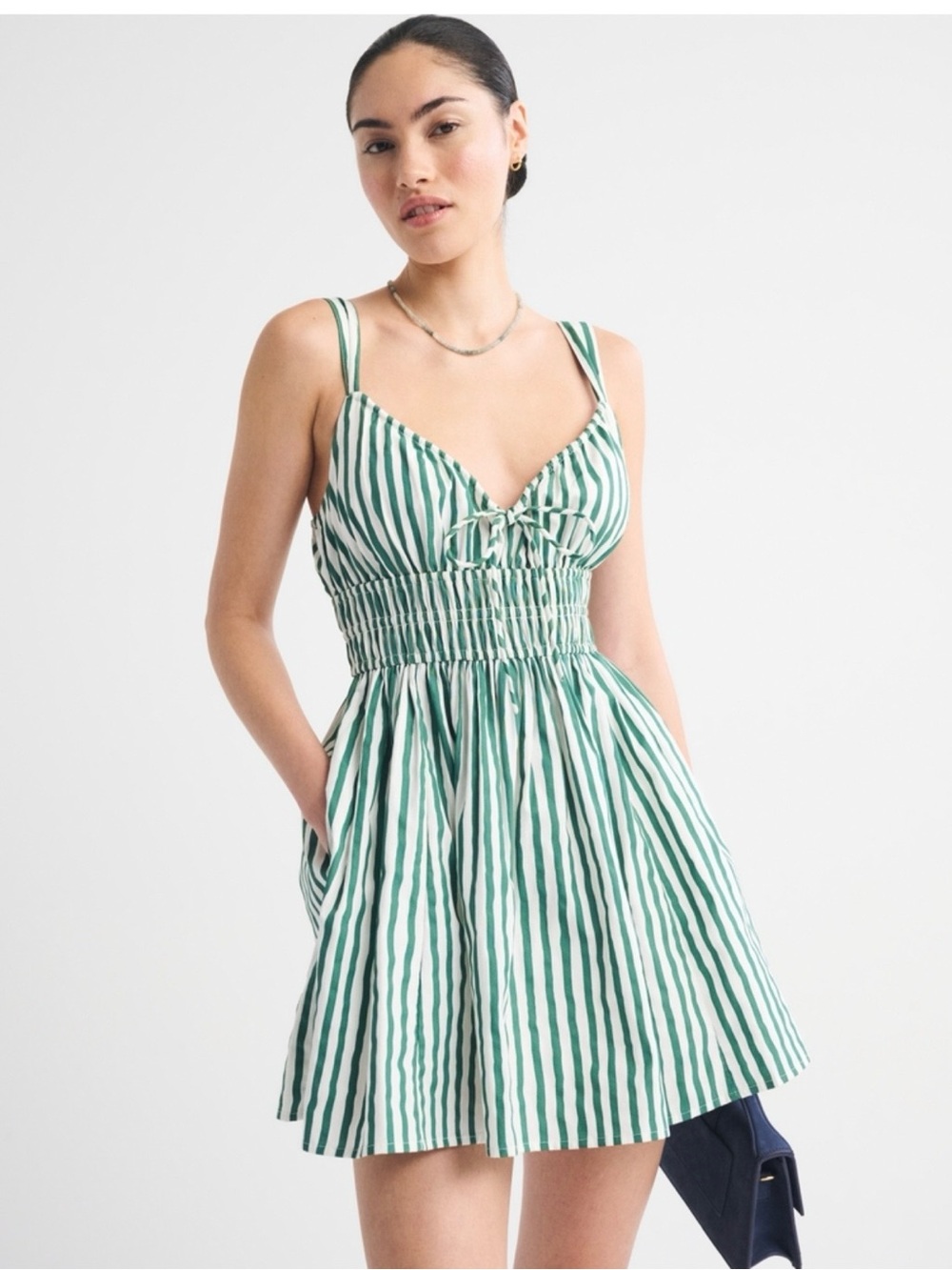 Abercrombie & Fitch Green and White Striped Smocked Mini Dress